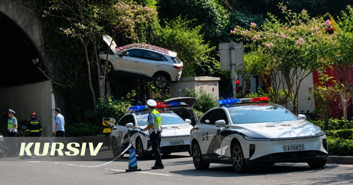 В Китае кроссовер после ДТП повис между деревьями у тоннеля